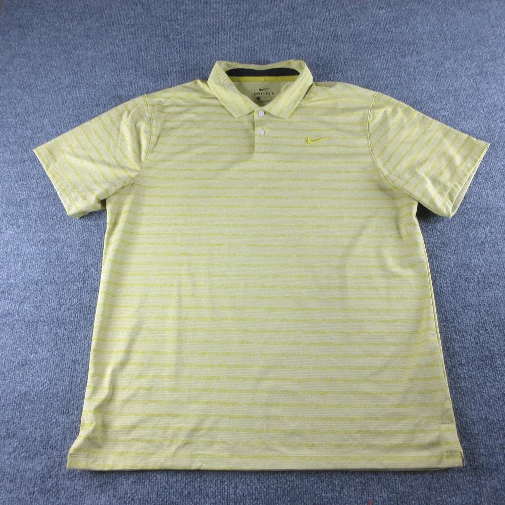 Nike Dri-FIT Polo Shirt Mens L Yellow Striped Short Sleeve Golf Performance
